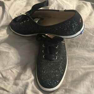 EUC Women’s Kate Spade Keds Black Glitter Sneakers Shoes Size 8 Ribbon Laces